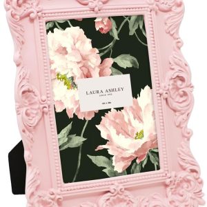 Laura Ashley 4x6 Pink Ornate Textured Hand-Crafted Resin Picture Frame with Easel & Hook for Tabletop & Wall Display, Decorative Floral Design
