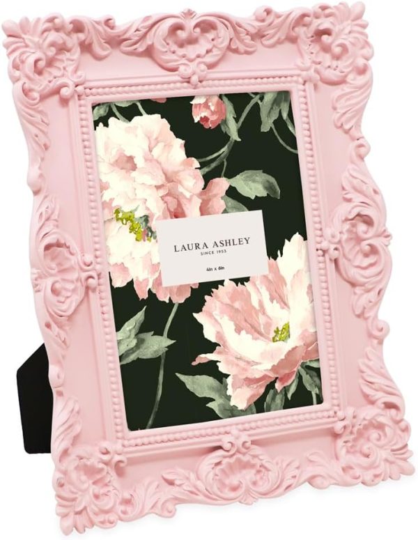 Laura Ashley 4x6 Pink Ornate Textured Hand-Crafted Resin Picture Frame with Easel & Hook for Tabletop & Wall Display, Decorative Floral Design